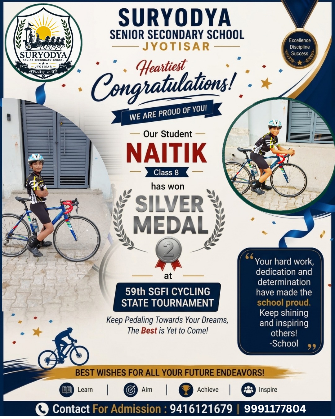 NAITIK · CLASS VIII — Naitik of Class 8 Wins Silver Medal in SGFI Cycling State Tournament